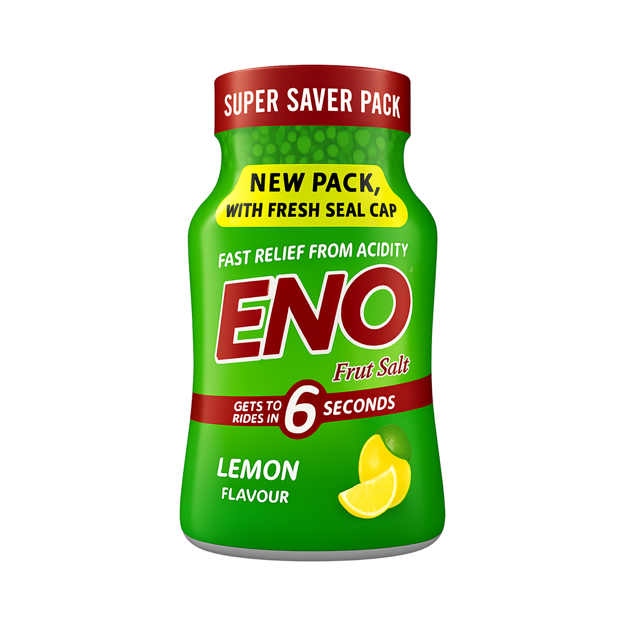 Green bottle of Eno Fruit Salt with lemon flavor on a white background