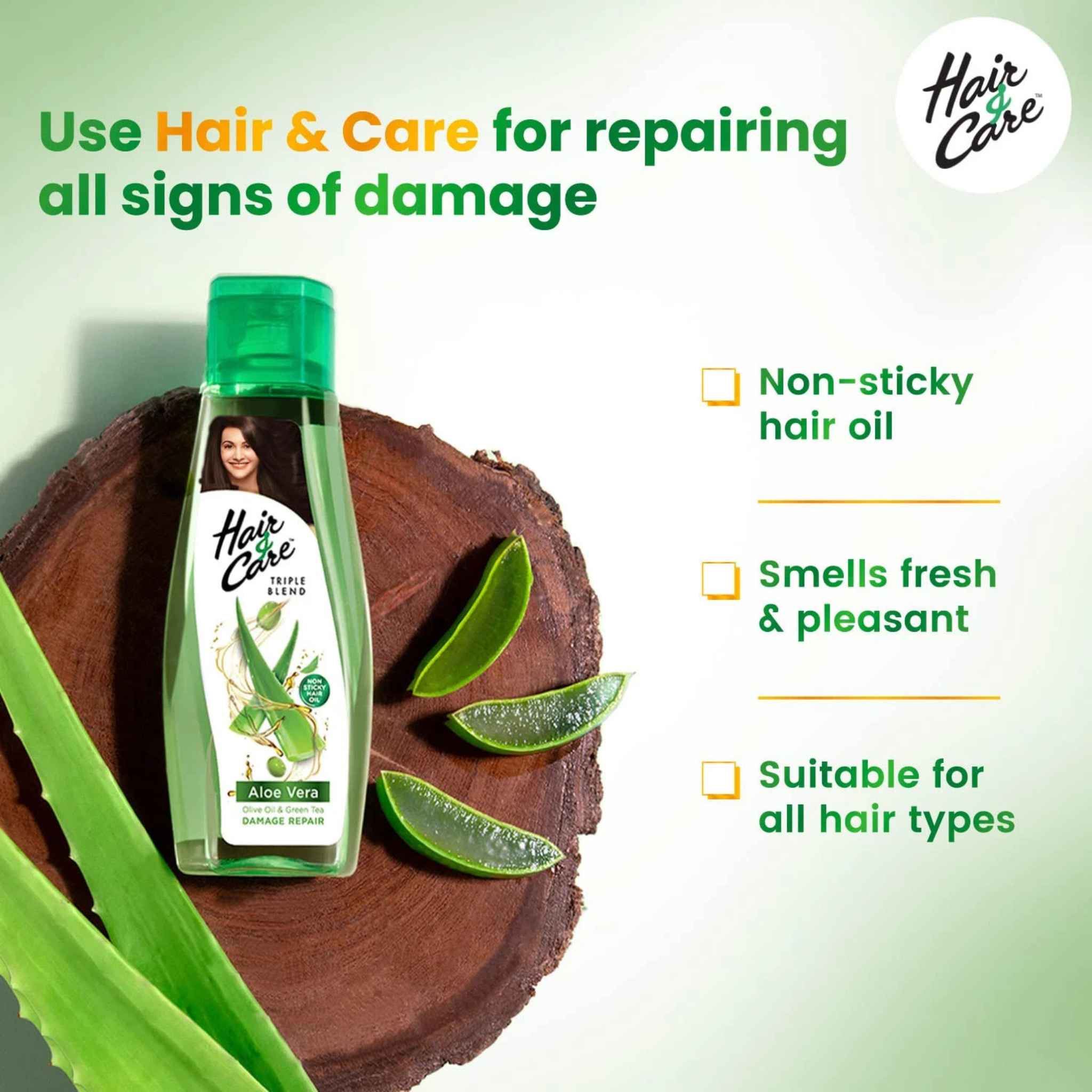 Hair care product with aloe vera slices on a wooden block, featuring text about product benefits.