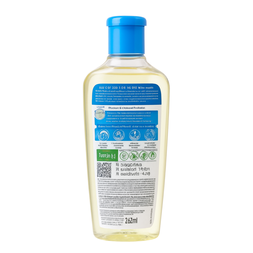 Bottle with a blue cap and label on a white background