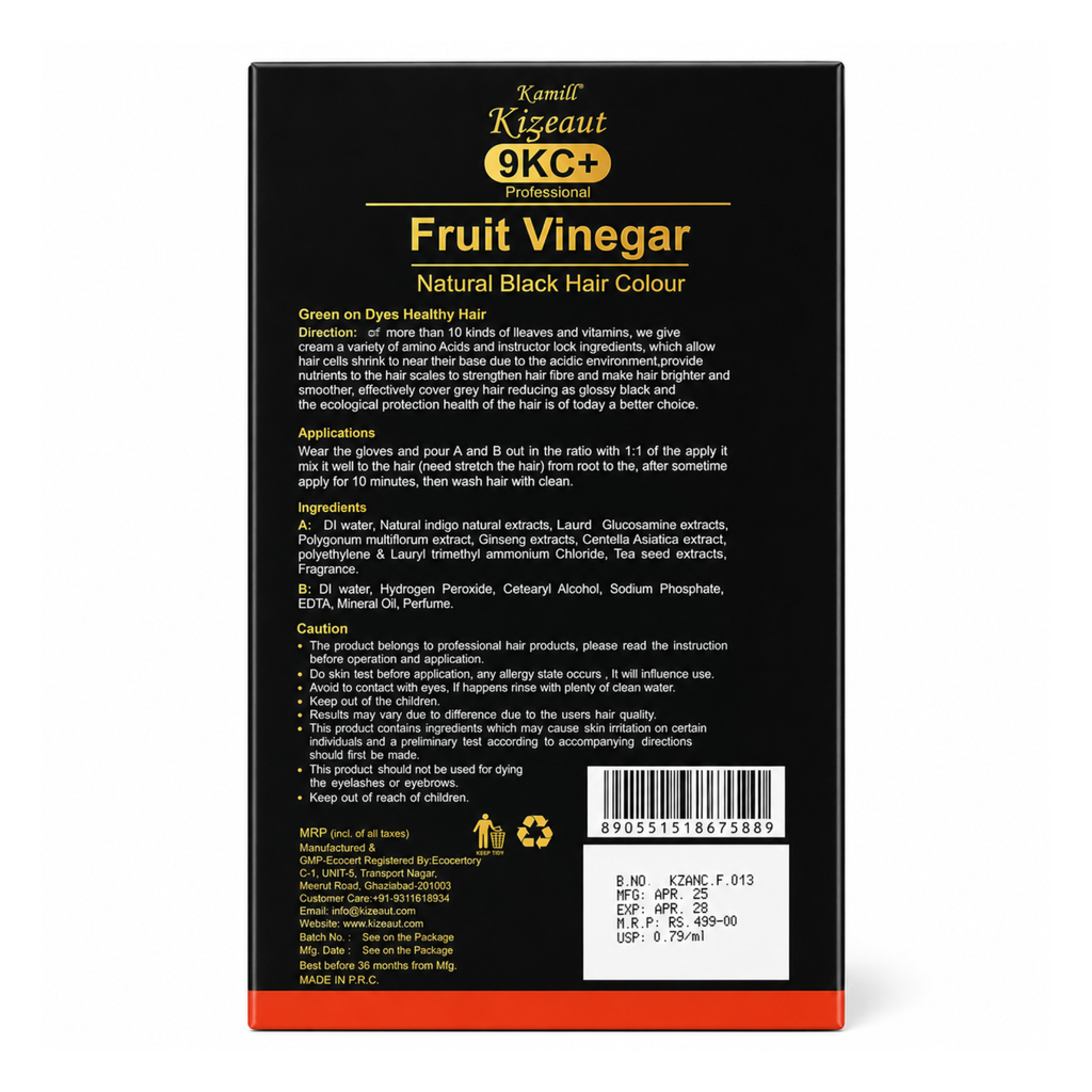 Back of a fruit vinegar hair color packaging with text and branding.