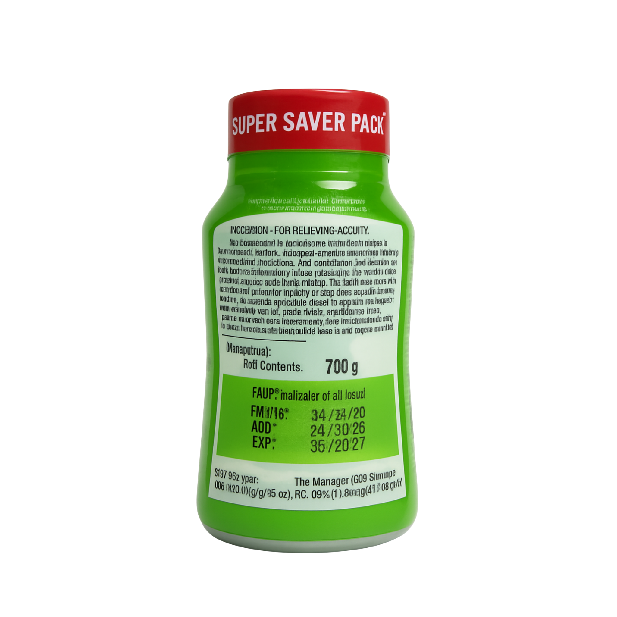 Green bottle with red cap labeled 'Super Saver Pack' on a white background