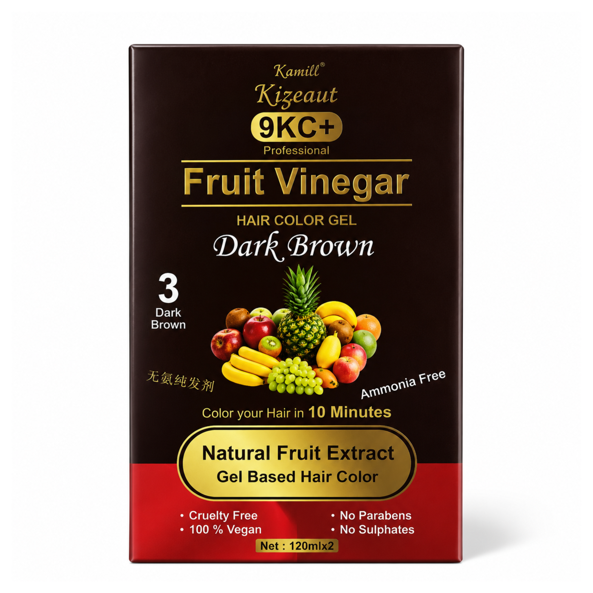 Kamill Kizeaut 9KC+ Fruit Vinegar Hair Color Gel packaging for dark brown hair on a white background