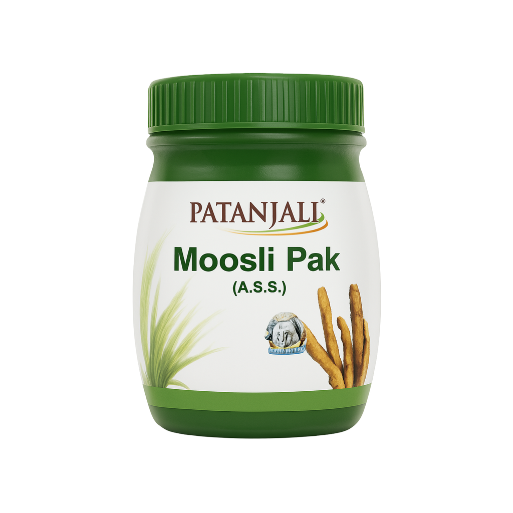 Patanjali Moosli Pak jar with green lid on a white background
