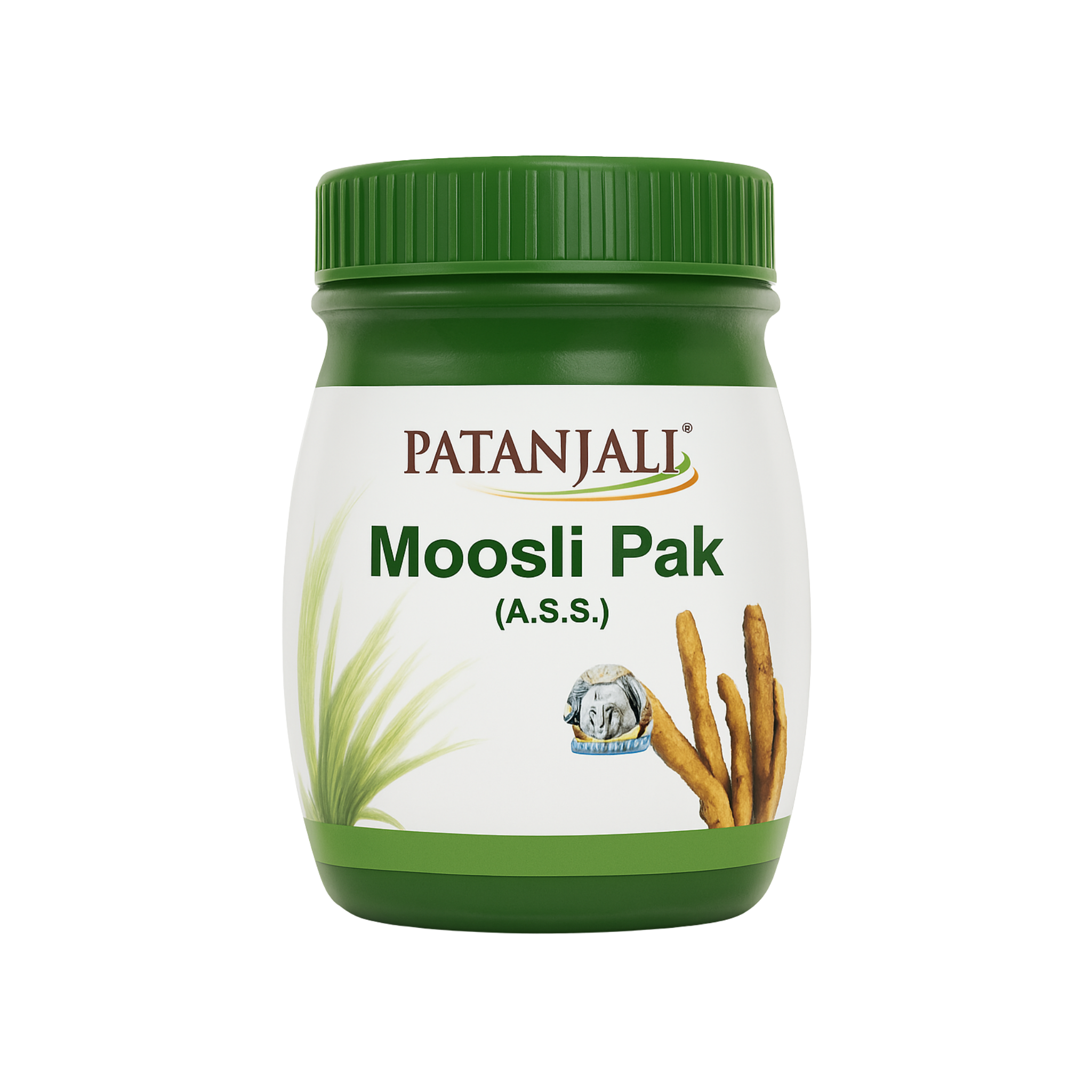 Patanjali Moosli Pak jar with green lid on a white background