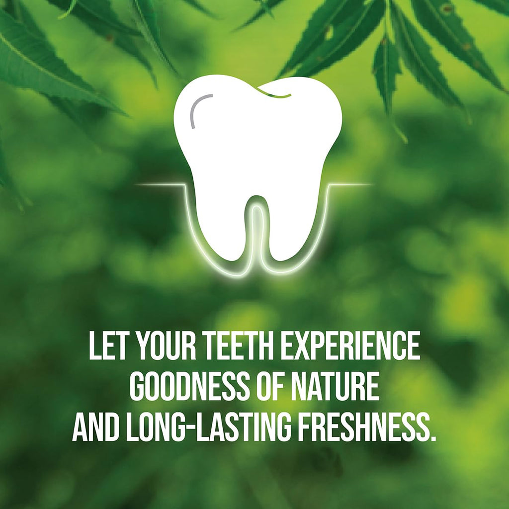 White tooth icon on a green leafy background with text about dental health.