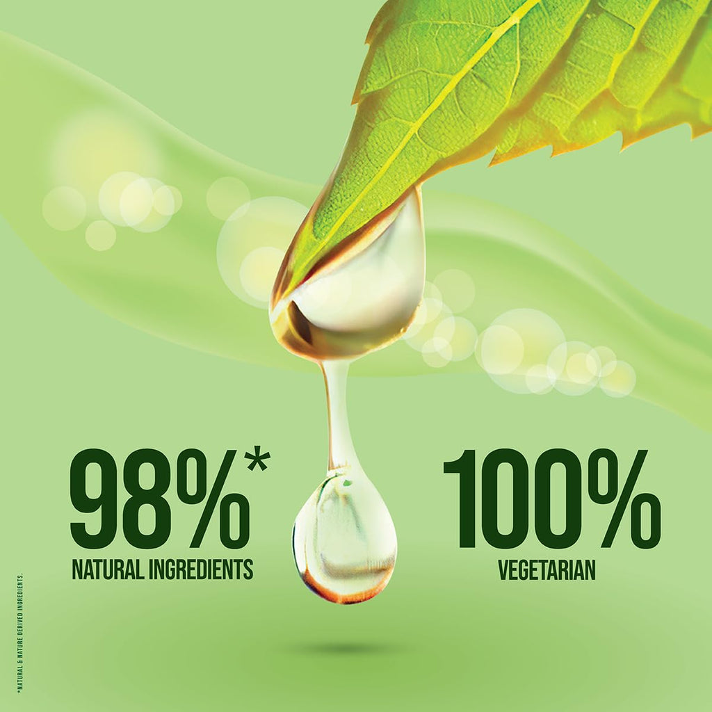 Product packaging with a drop of liquid and a leaf, highlighting 98% natural ingredients and 100% vegetarian status on a green background.