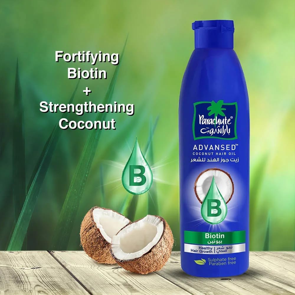 Parachute Advansed coconut hair oil bottle with a coconut and grass background