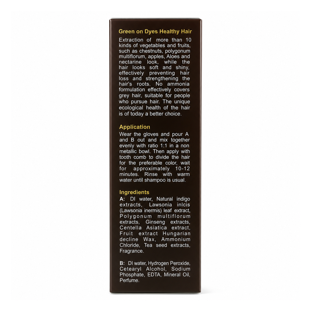 Back of a black hair dye packaging with text on a white background