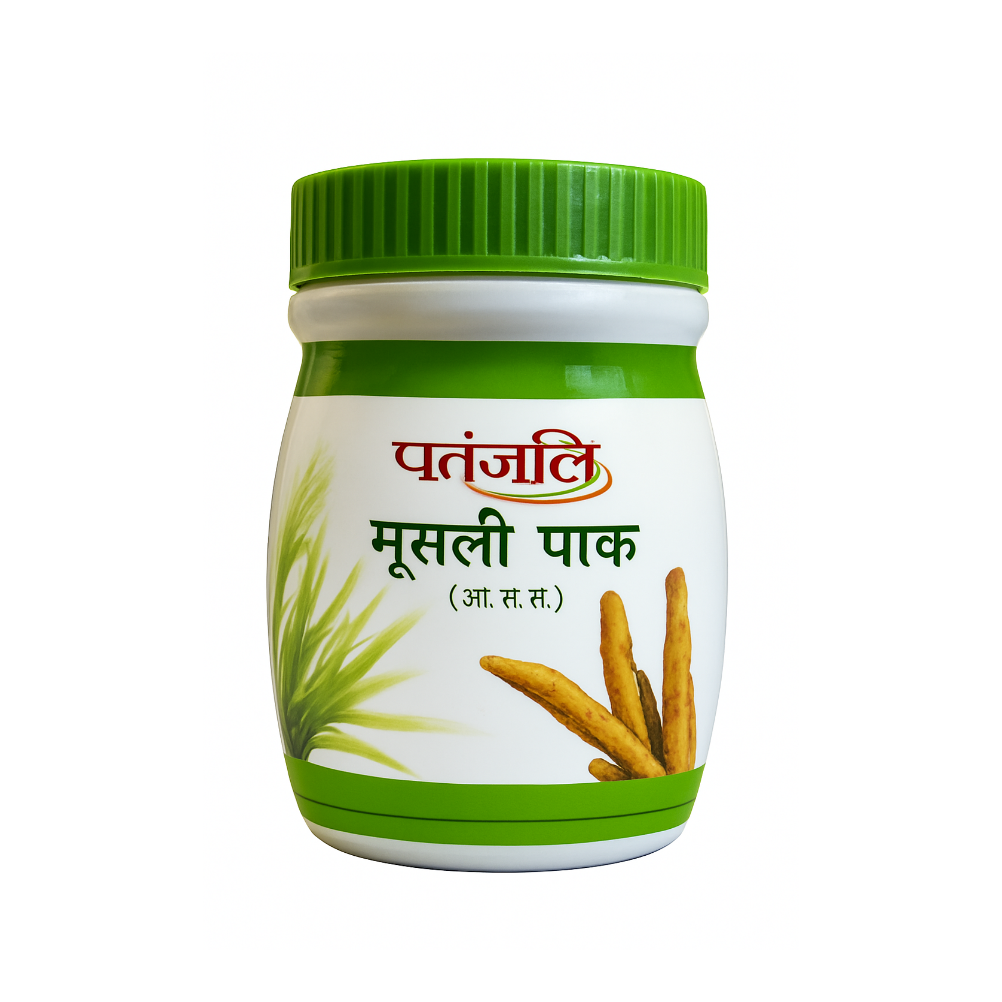 Jar of Patanjali Musli Pak with green lid on a white background