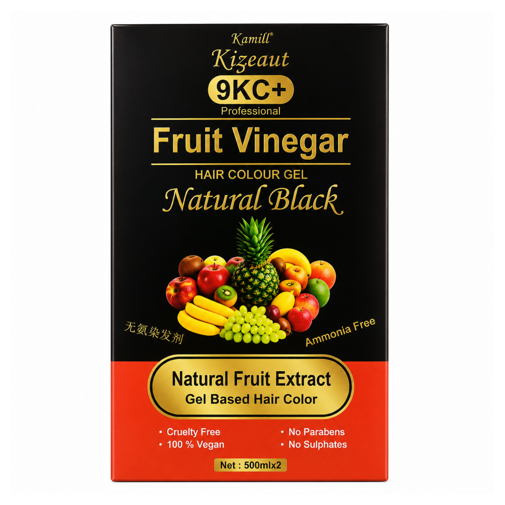 Kamill Kizeaut 9KC+ Fruit Vinegar Hair Colour Gel packaging with fruit illustration on a black and red background