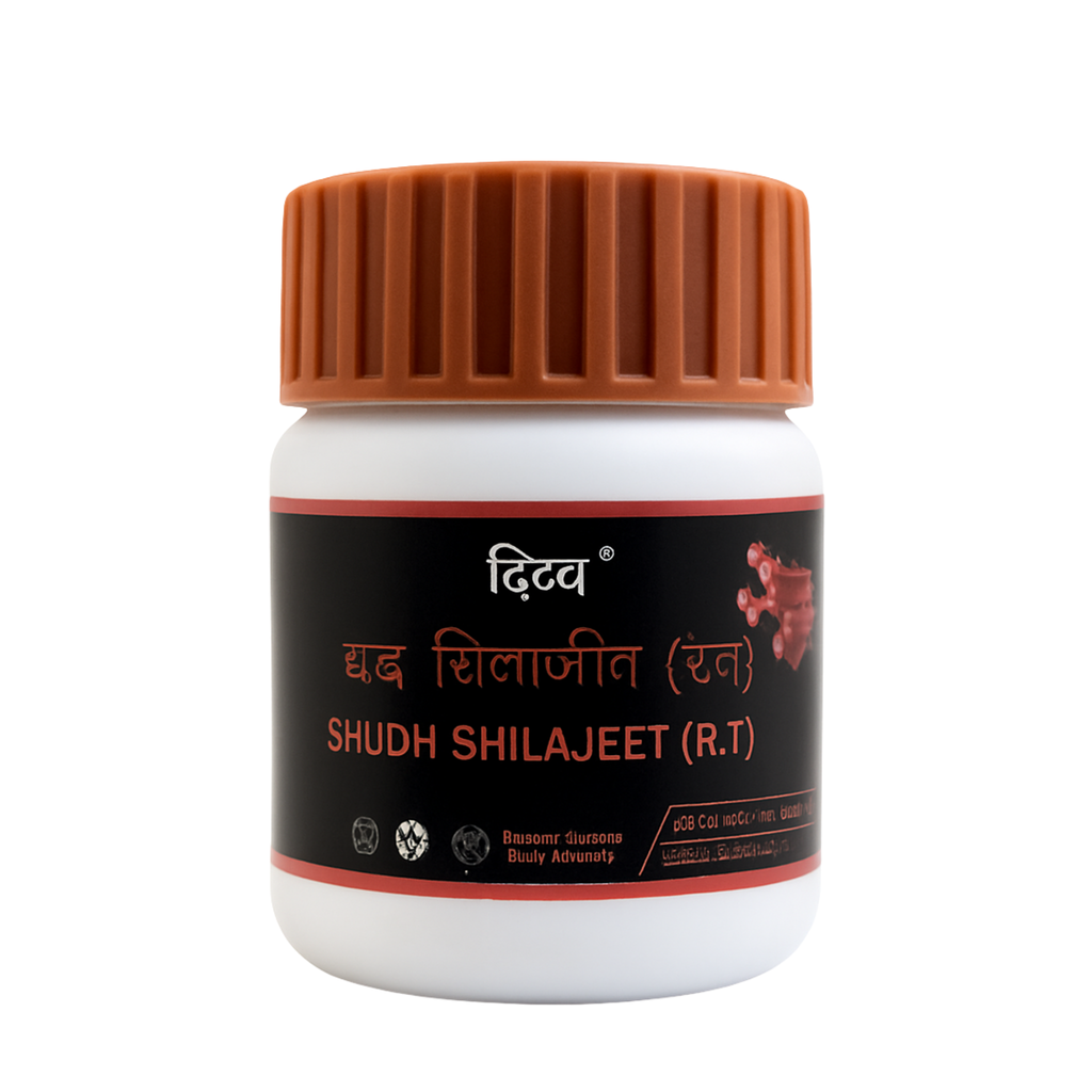 Jar of Shudh Shilajeet with a brown cap on a white background