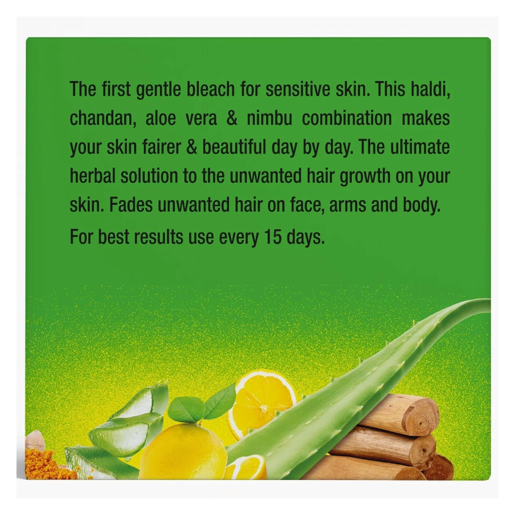 Product description card with haldi, chandan, aloe vera, and nimbu on a green background
