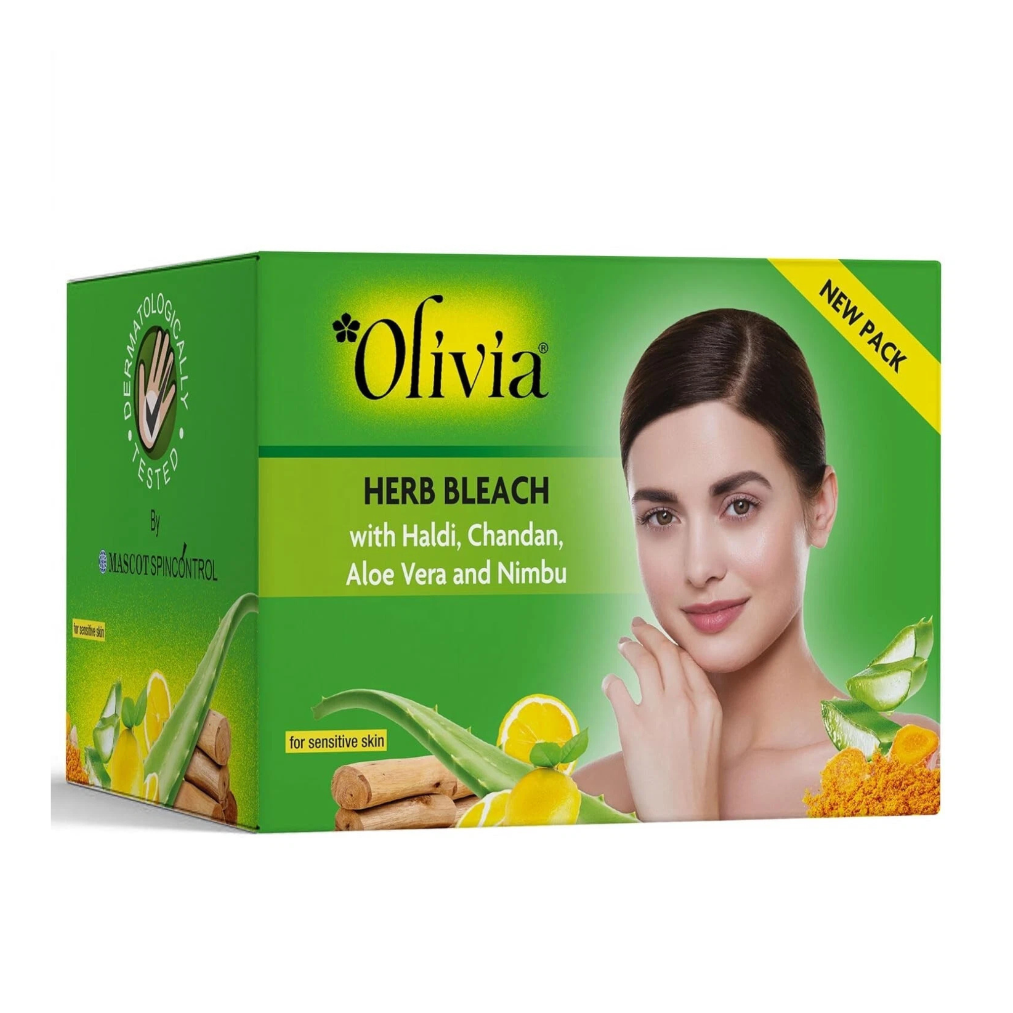 Olivia Herb Bleach packaging with a woman's face on a green background