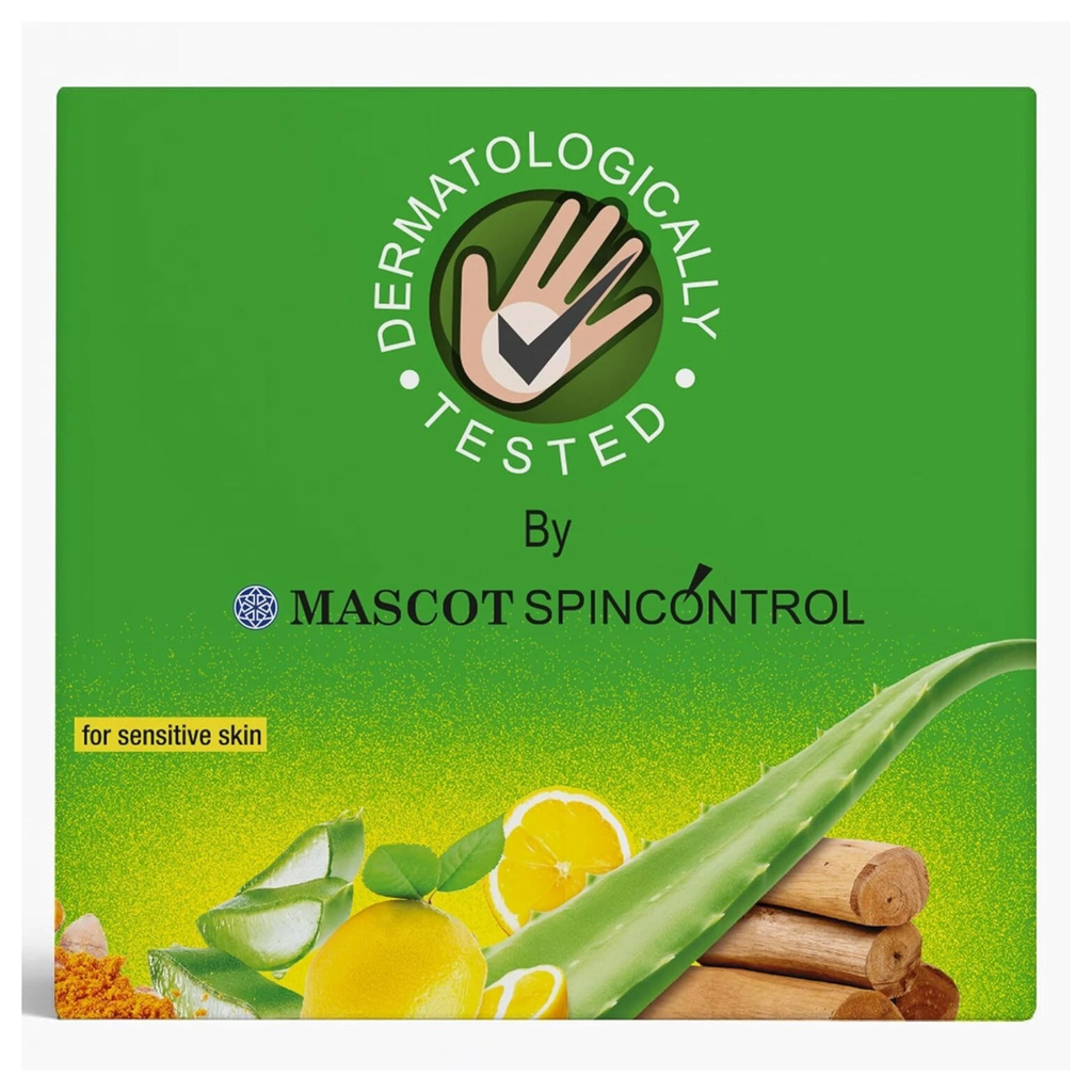 Product packaging with 'Dermatologically Tested by Mascot Spincontrol' on a green background