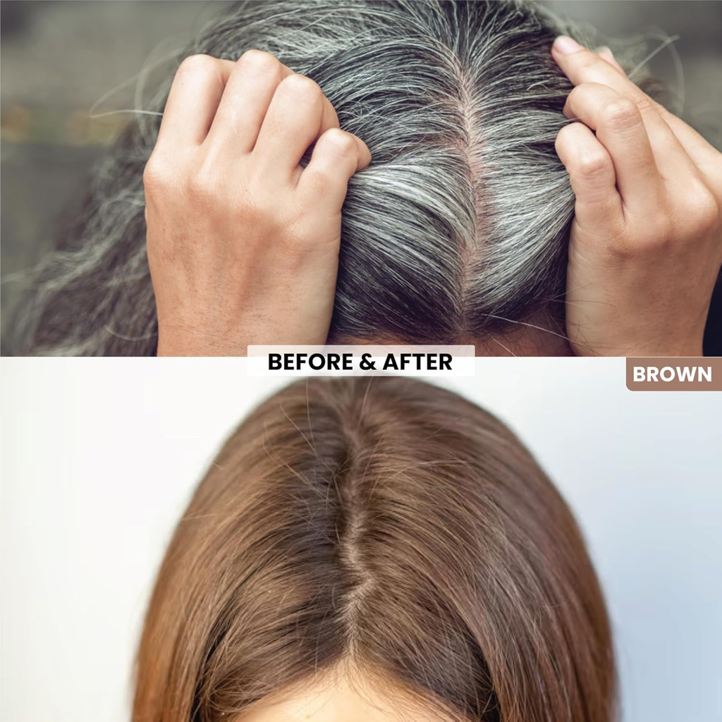 Before and after comparison of hair color change from gray to brown.