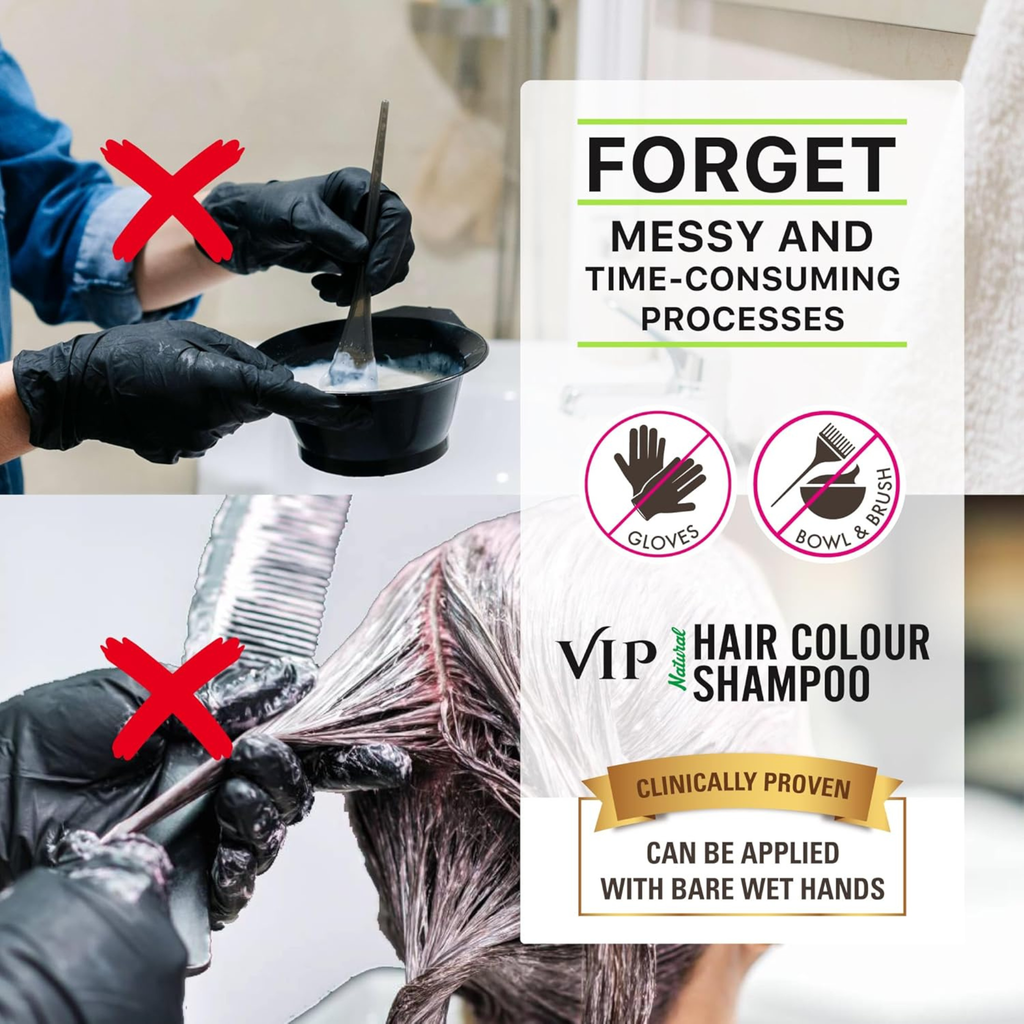 Advertisement for VIP Hair Colour Shampoo showing a person applying hair color with gloves and a brush, and text highlighting convenience.
