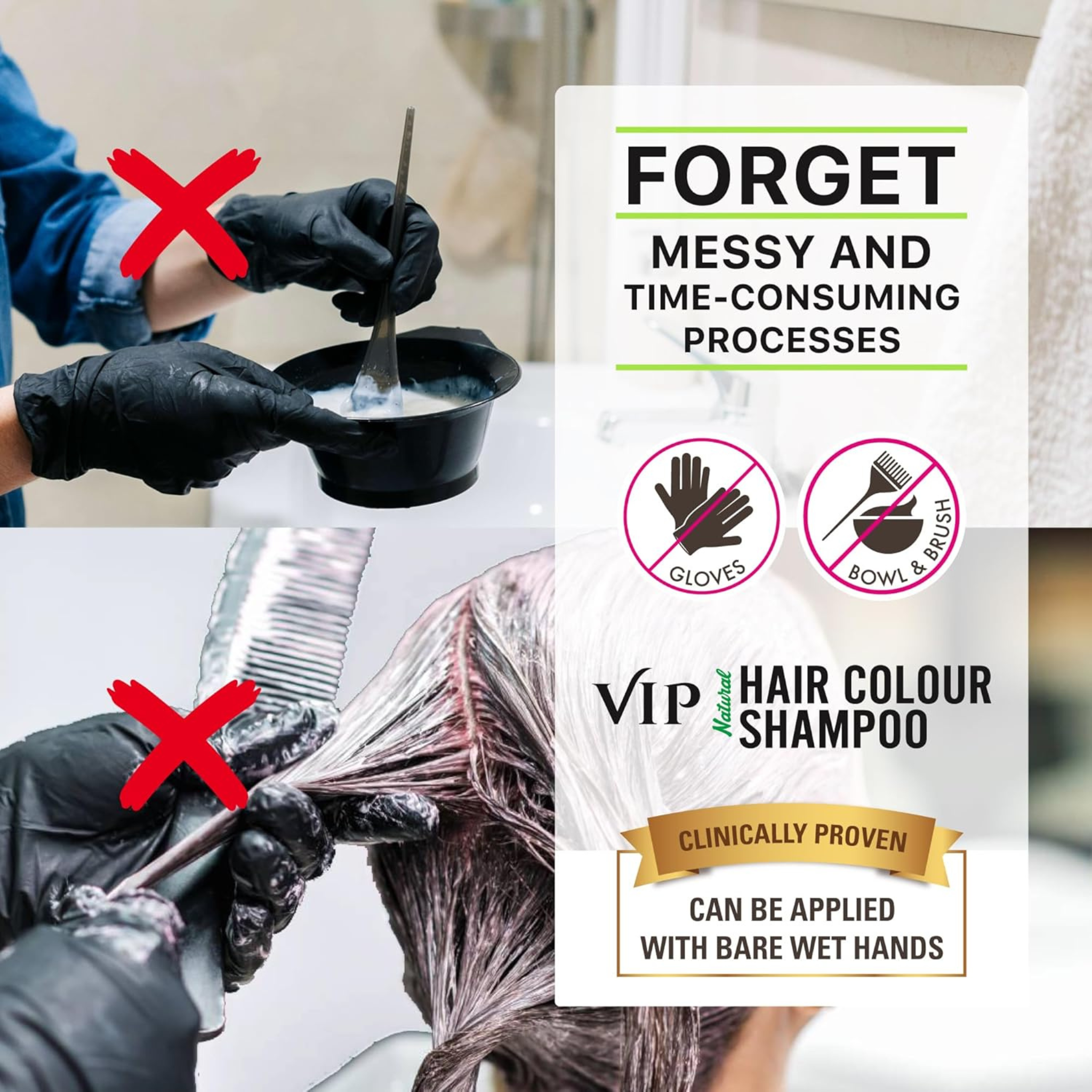 Advertisement for VIP Hair Colour Shampoo showing a person applying hair color with gloves and a brush, and text highlighting convenience.