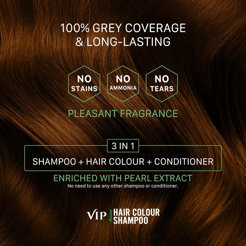 Advertisement for VIP Hair Colour Shampoo with brown hair and product features listed.