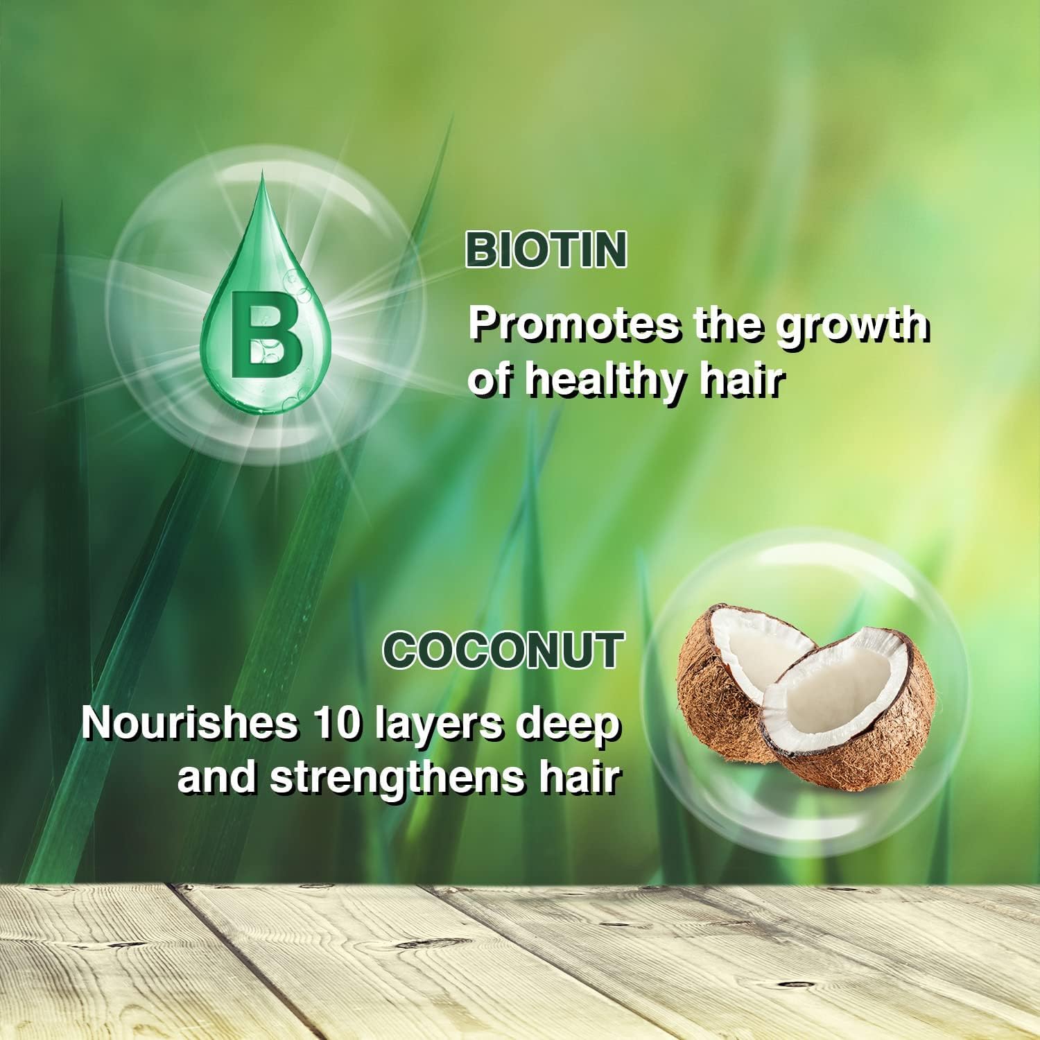 Advertisement for biotin and coconut benefits for hair health with green grass and wooden surface background.