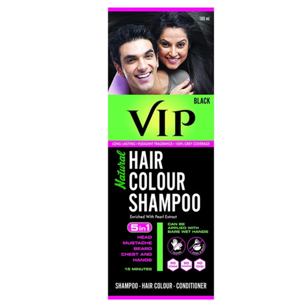 VIP Hair Colour Shampoo packaging with a man and woman on a white background