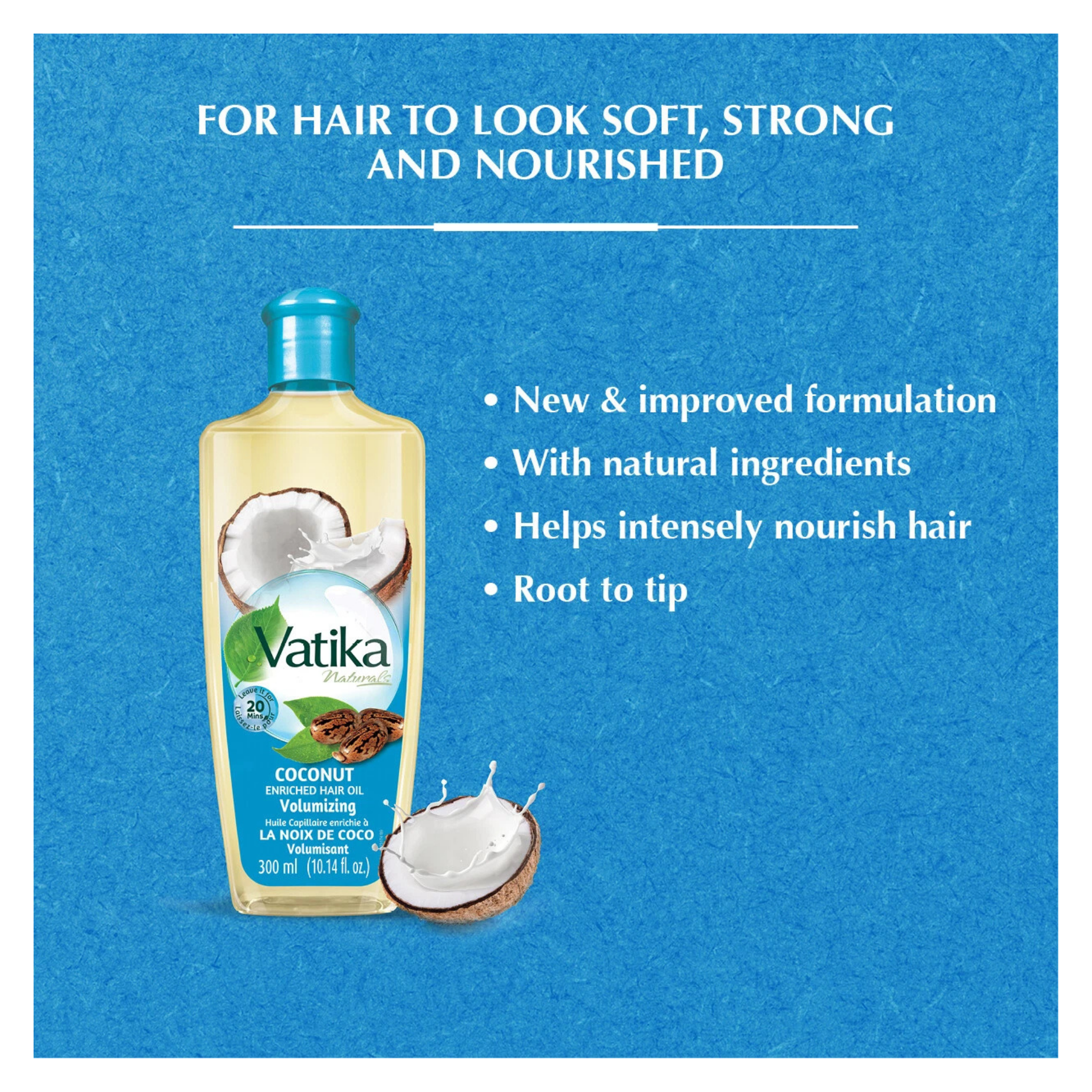 Vatika hair care product bottle with coconut illustration on a blue background