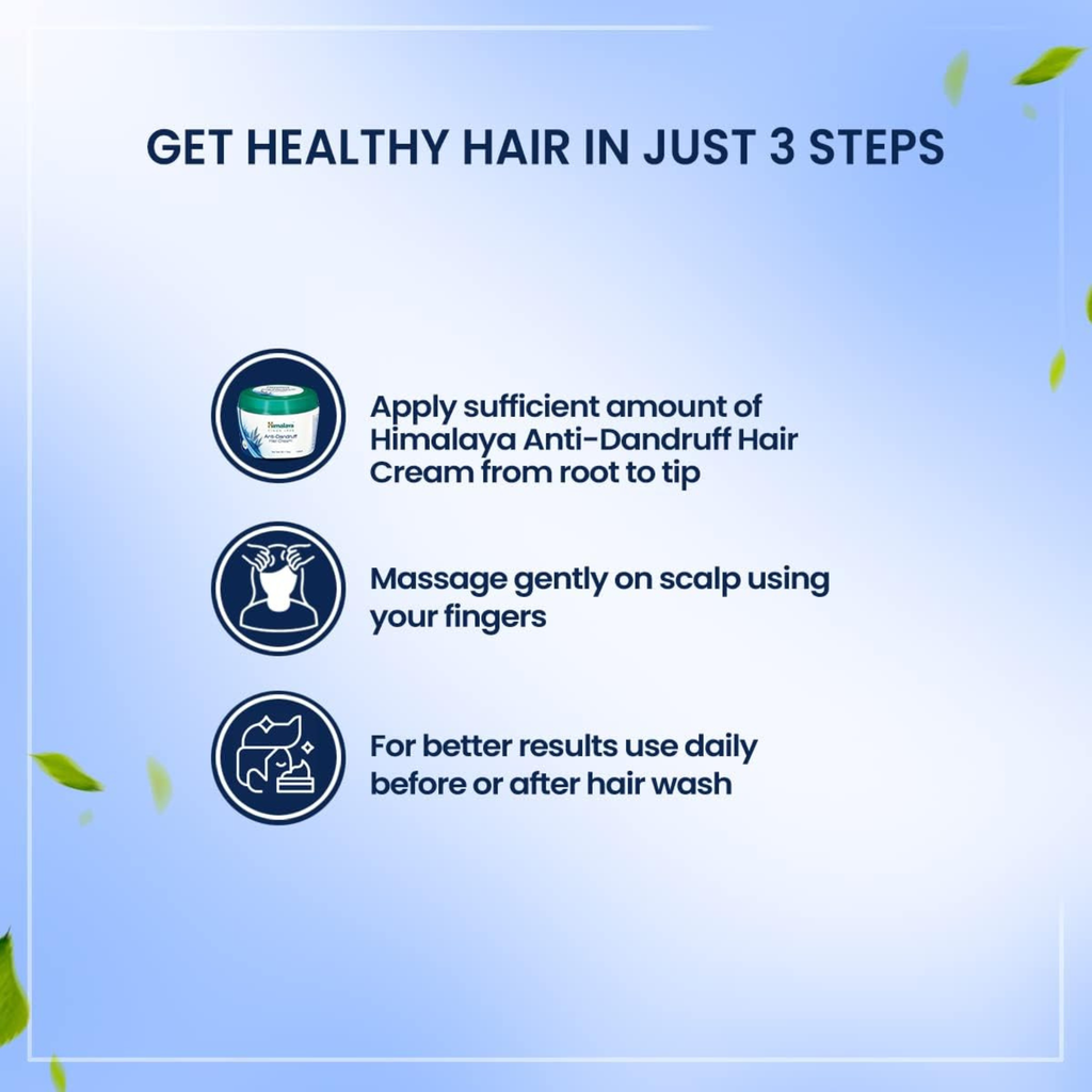 Instructions for using Himalaya Anti-Dandruff Hair Cream on a blue background with icons and text.