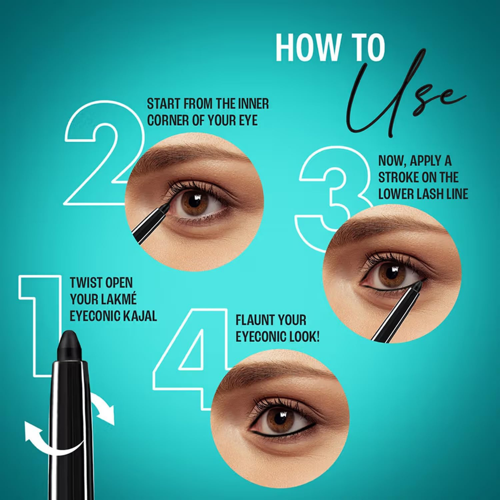 Step-by-step guide on how to use a eyeliner with close-up shots and text instructions.