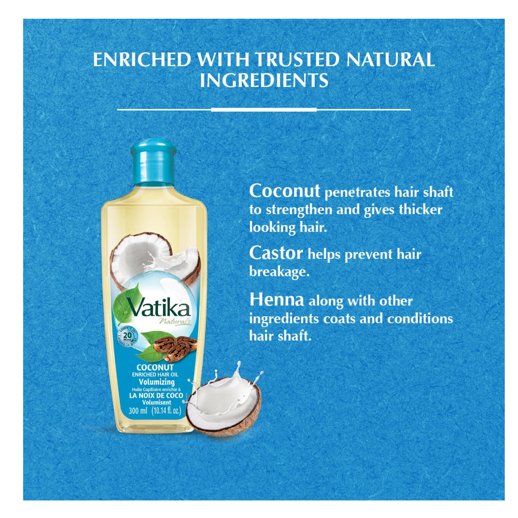 Vatika hair care product bottle with coconut illustration on a blue background