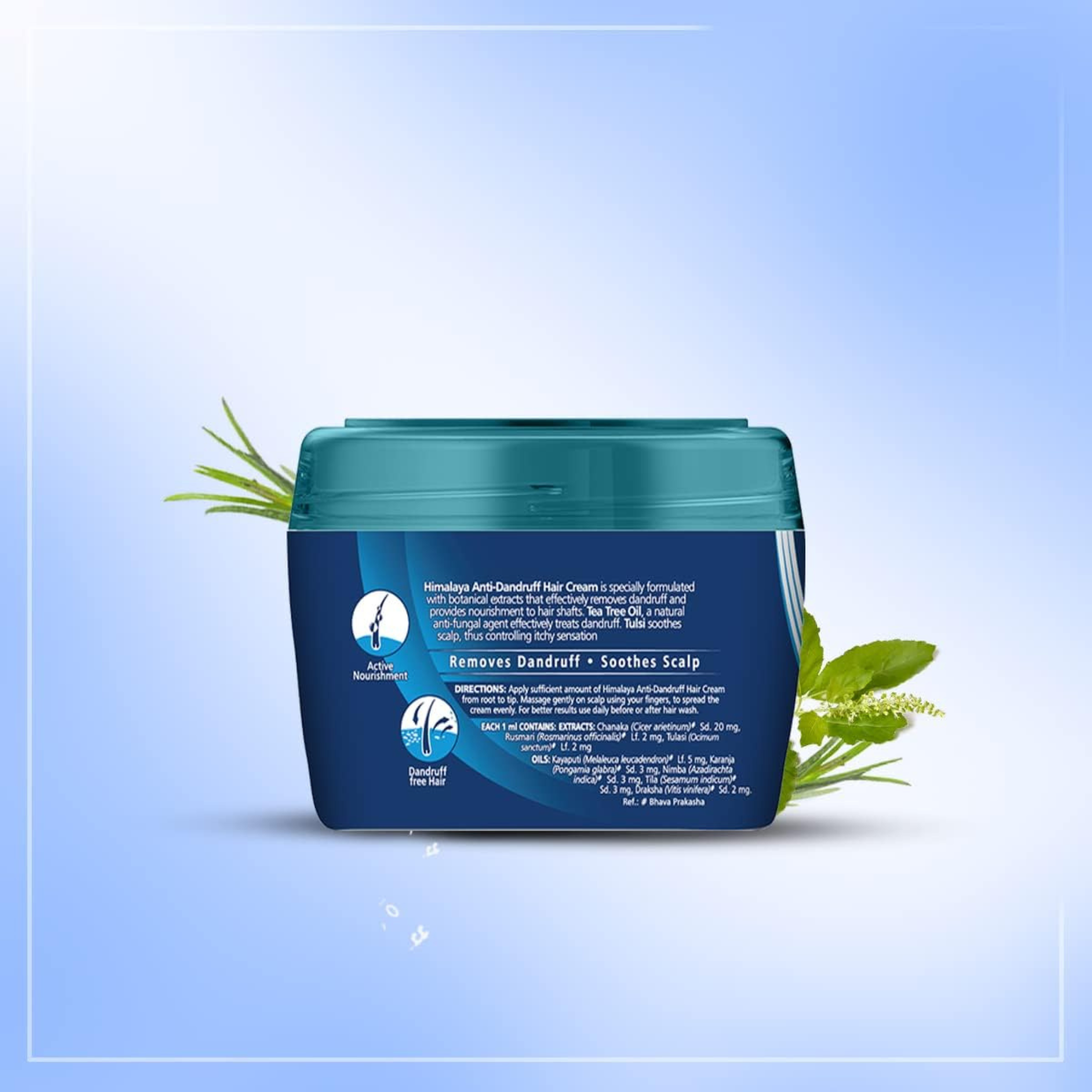 Blue jar of hair care product with green leaves on a light blue background
