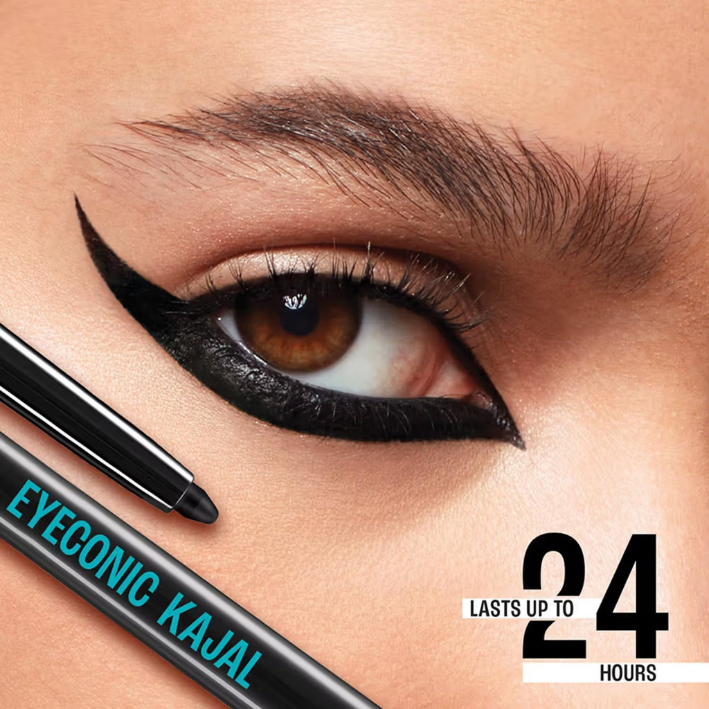 Eyeliner pen with a close-up of an eye wearing it, labeled 'Eyeconic Kajal' and 'Lasts up to 24 hours'.