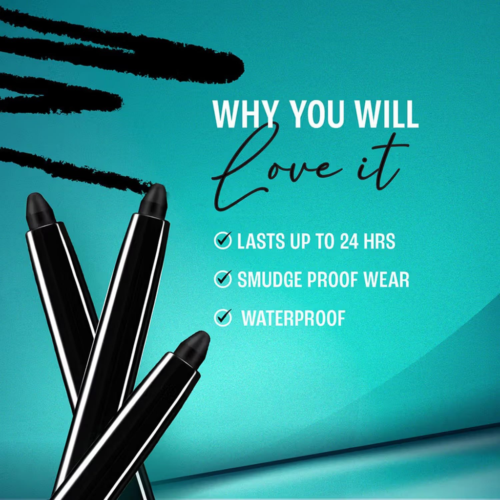 Black eyeliner pencils with text on a teal background