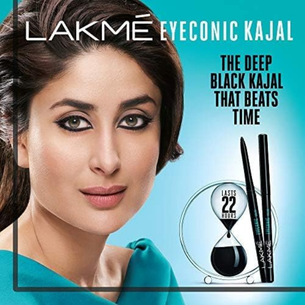 Lakme Eyeconic Kajal advertisement with a model wearing makeup and product packaging.