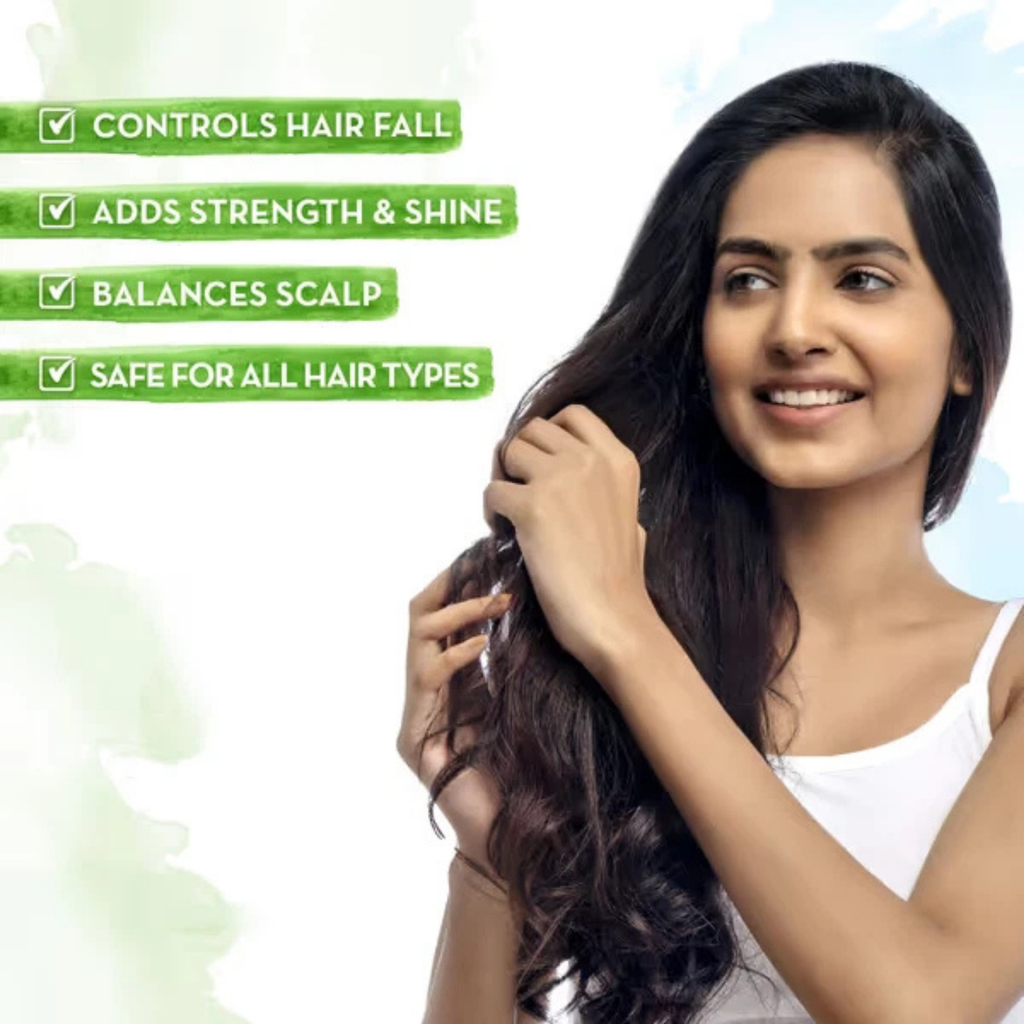Woman with long, healthy hair holding it, with text on hair care benefits on a white background