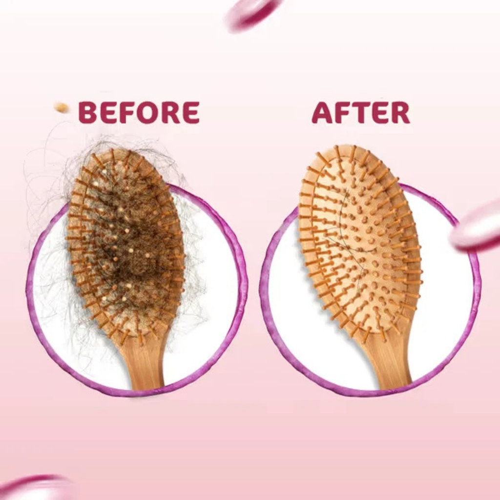 Before and after comparison of a wooden hairbrush on a pink background