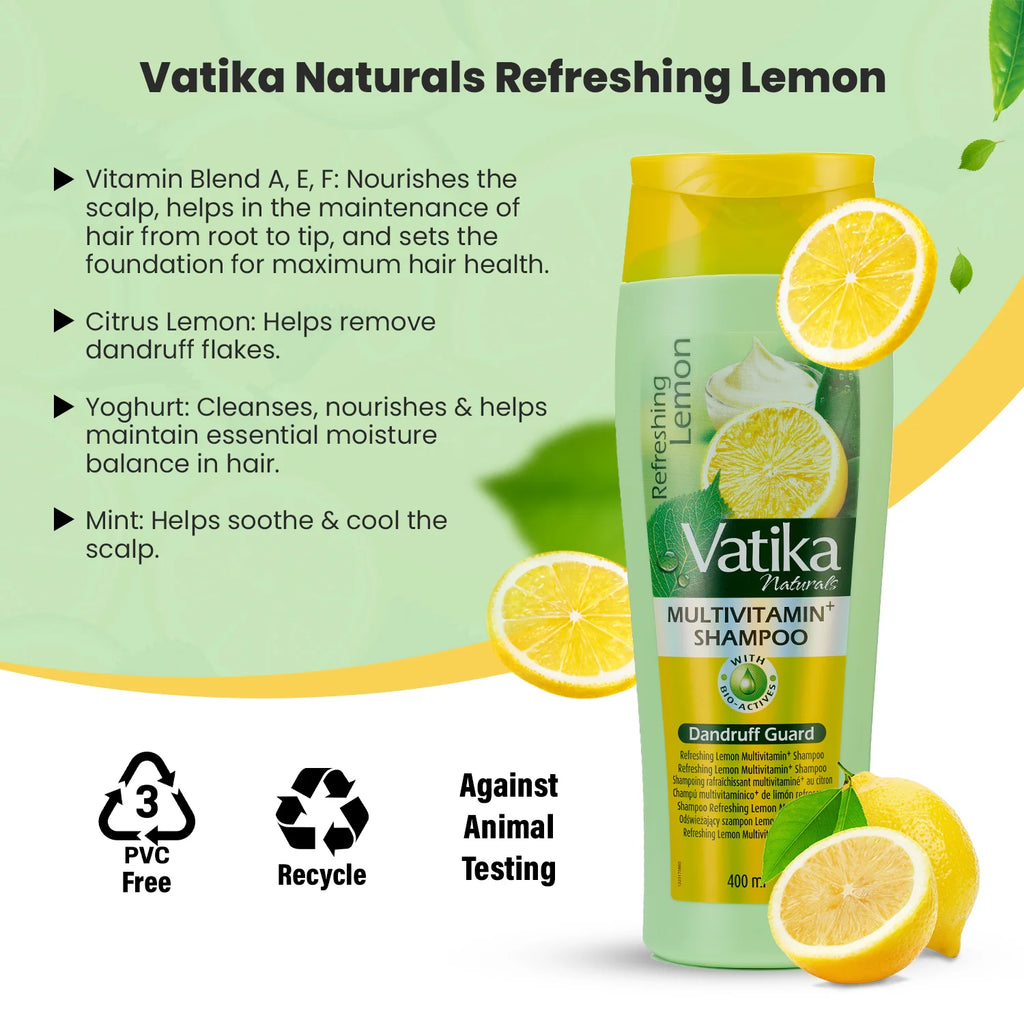 Vatika Naturals Refreshing Lemon shampoo bottle with lemon slices on a green background