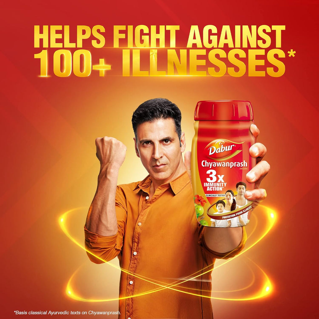 Person holding a Dabur Chyawanprash container with text on a red background