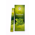 Green box of Flute Patchouli Incense Sticks with leaf imagery on a white background