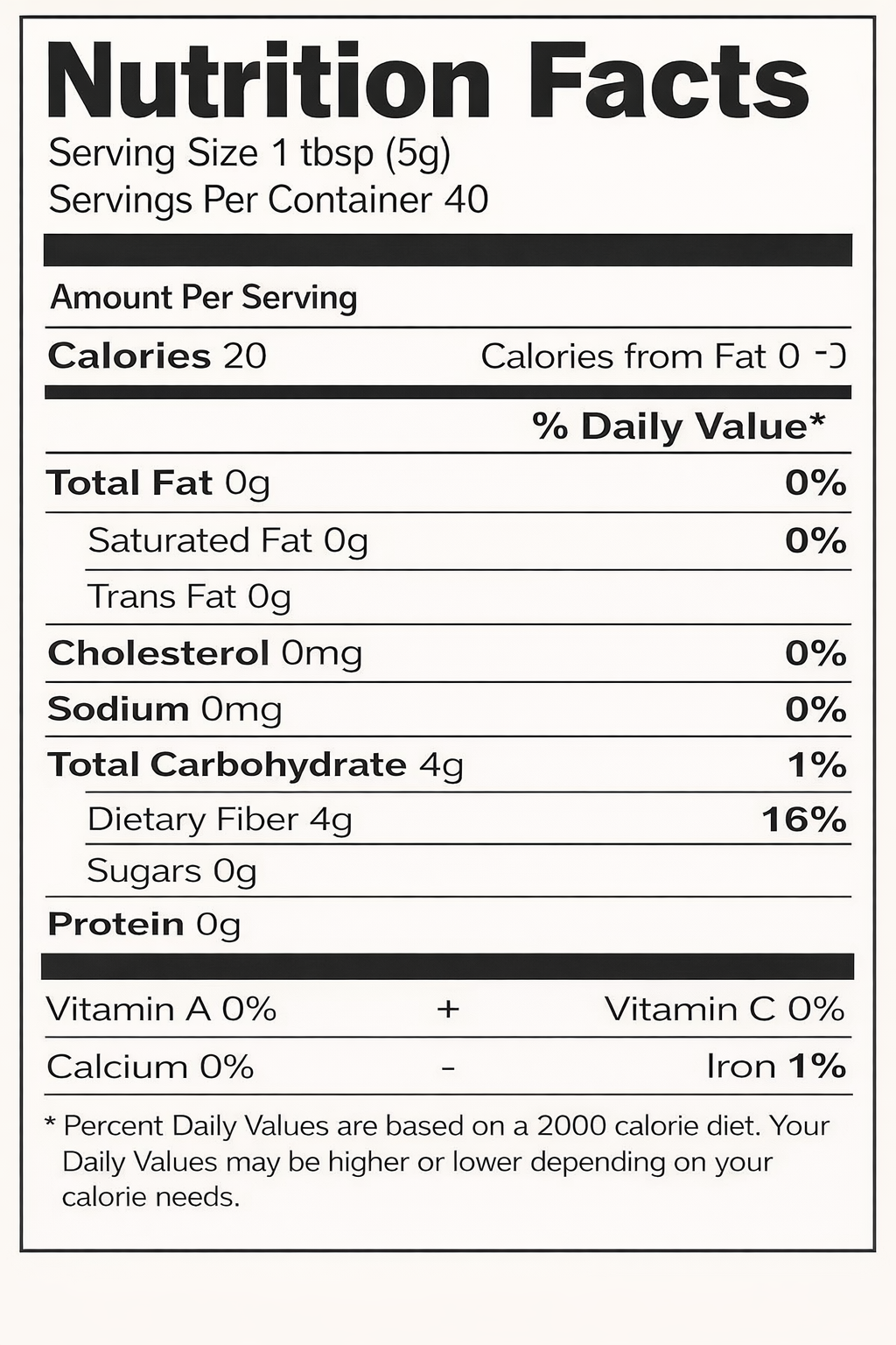 Nutrition facts label for a Psyillium Husk with serving size, calories, and nutritional content details.