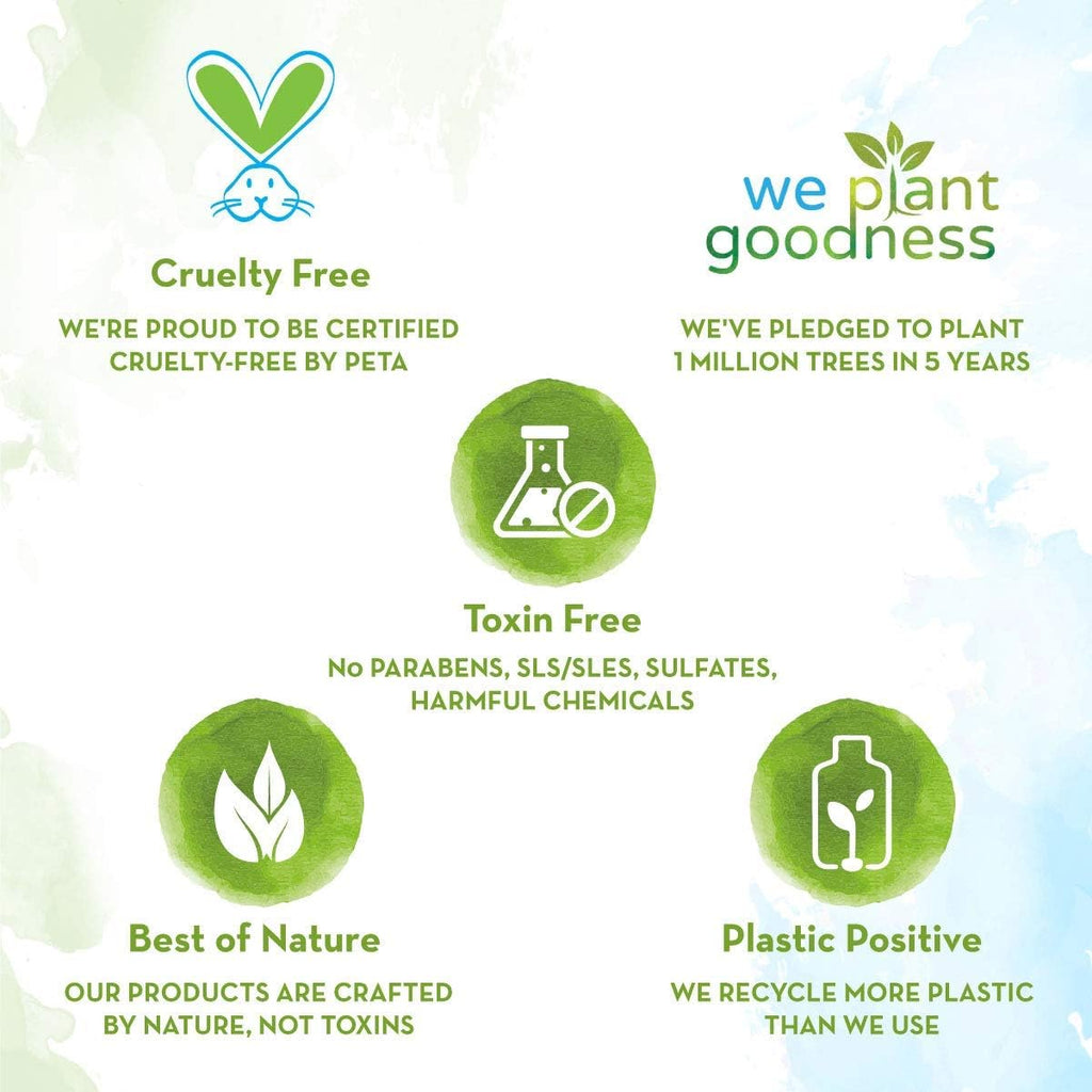 Certification badges for cruelty-free, toxin-free, and plastic-positive products on a white background.