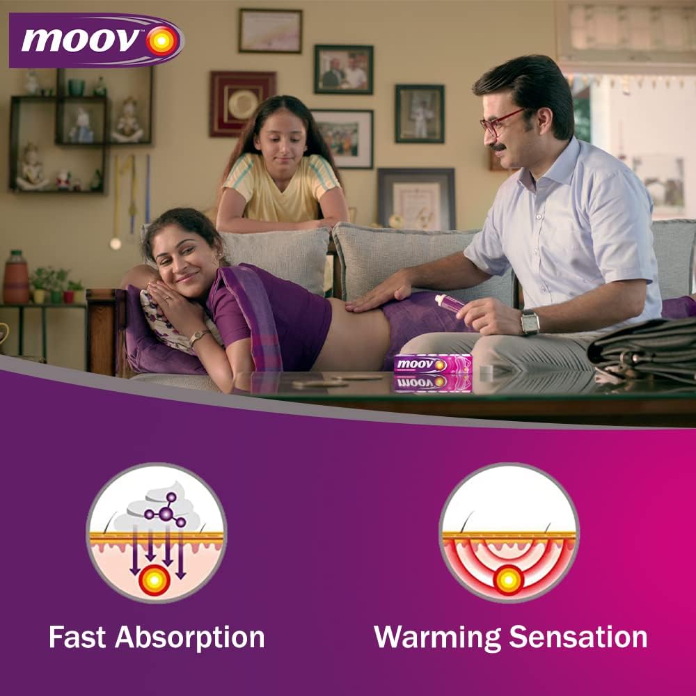 Advertisement featuring a family with a product, showing 'Fast Absorption' and 'Warming Sensation' features.