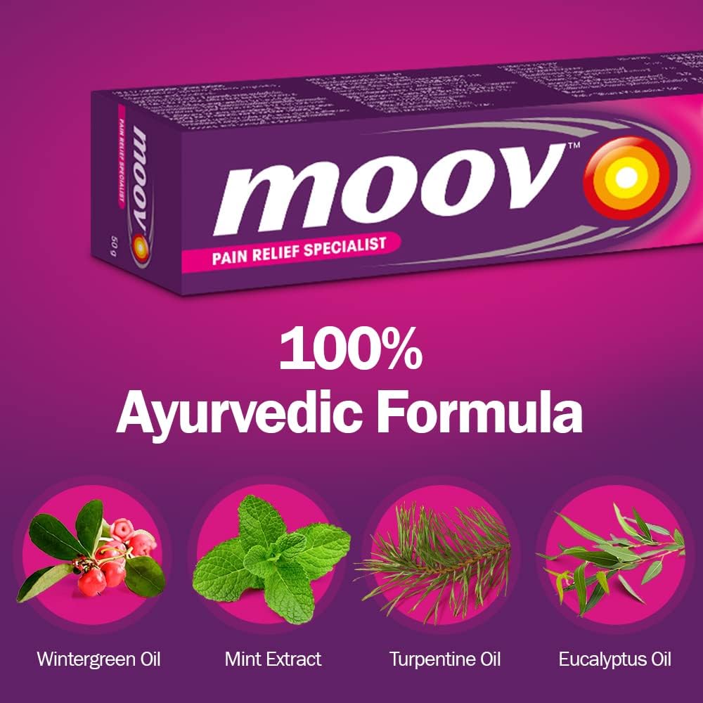 Advertisement of MOOV pain relief with icons of ingredients