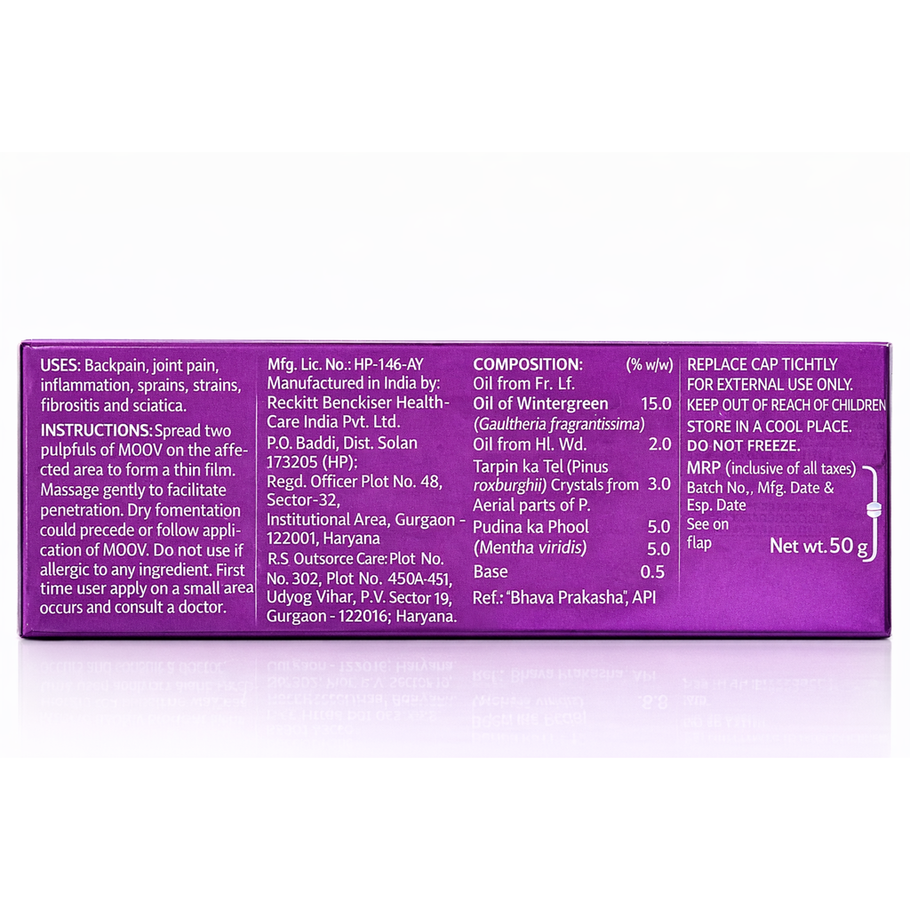 Back of MOOV pain relief box with text on a white background