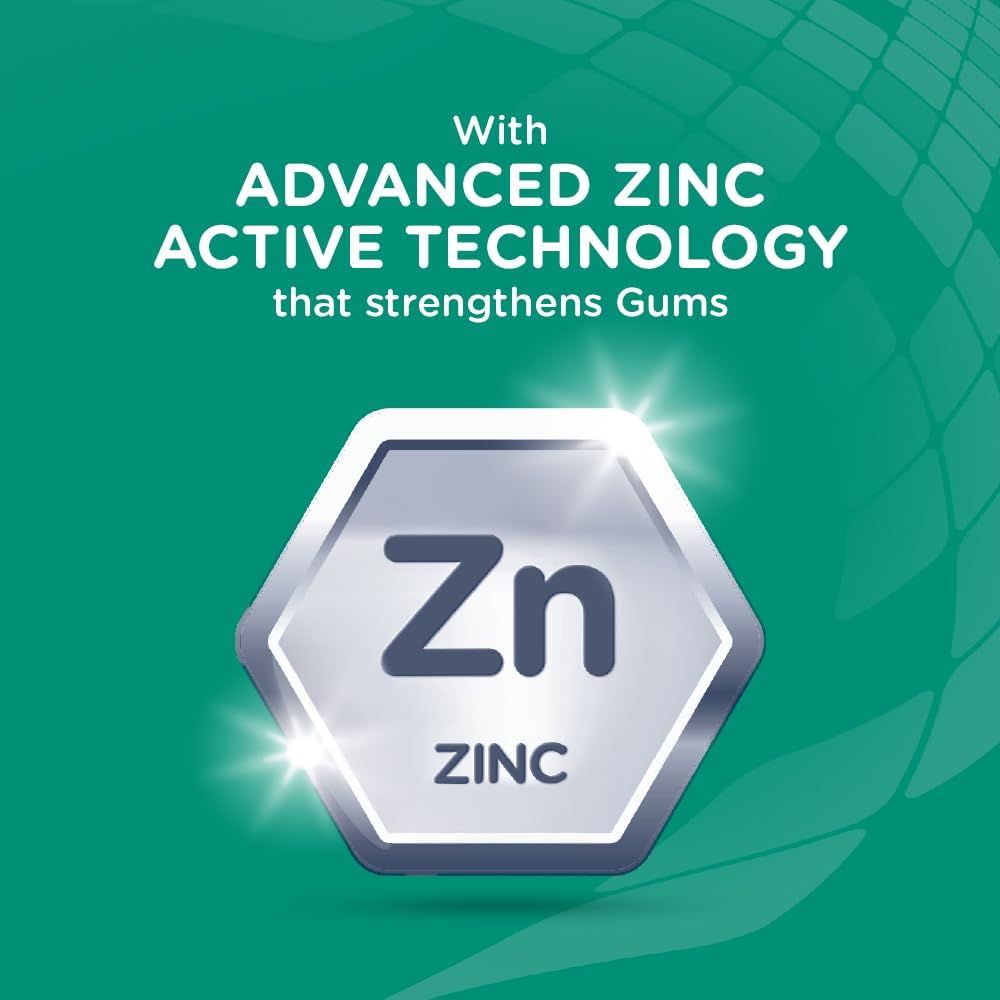 Advertisement for Pepsodent Toothpaste with Zinc symbol with text about advanced zinc active technology on a green background