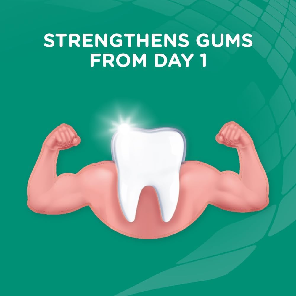 Illustration of a tooth with a muscular arm holding it, on a green background with text about gum strength.