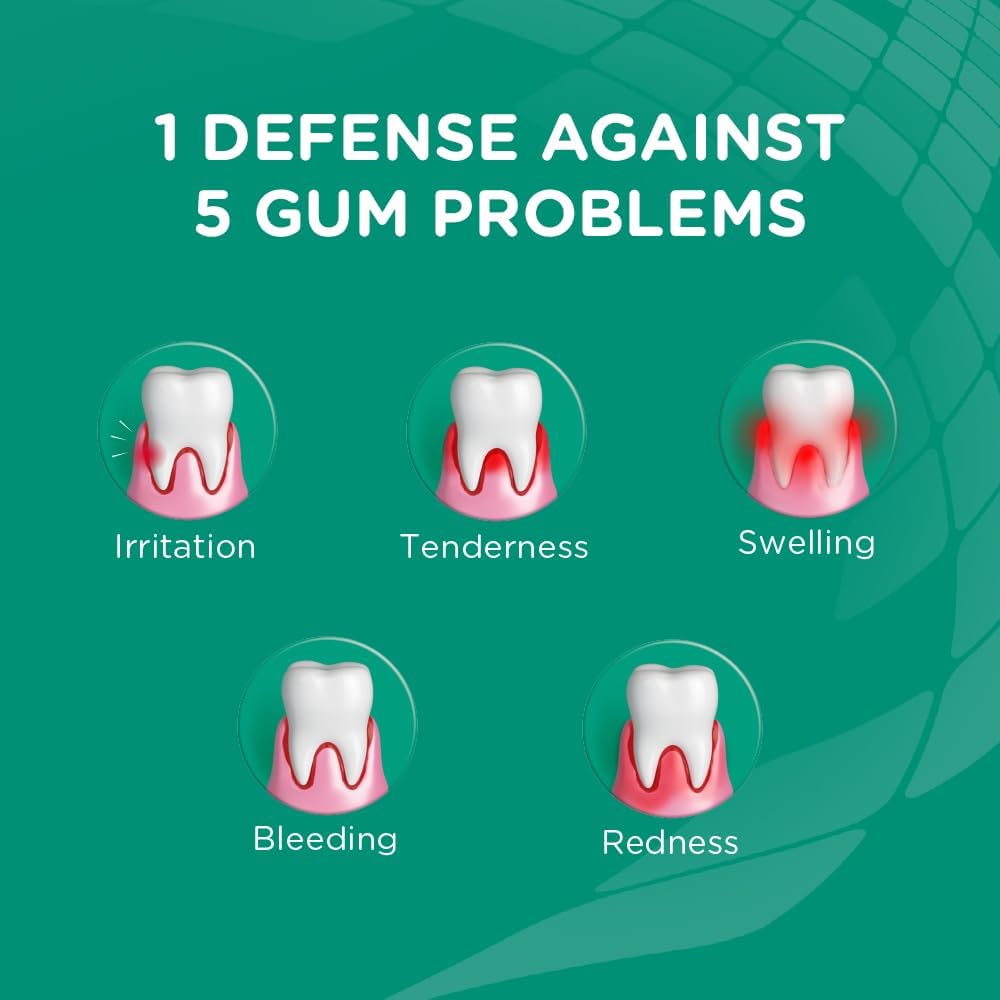 Teeth with different gum issues and text '1 Defense Against 5 Gum Problems' on a green background