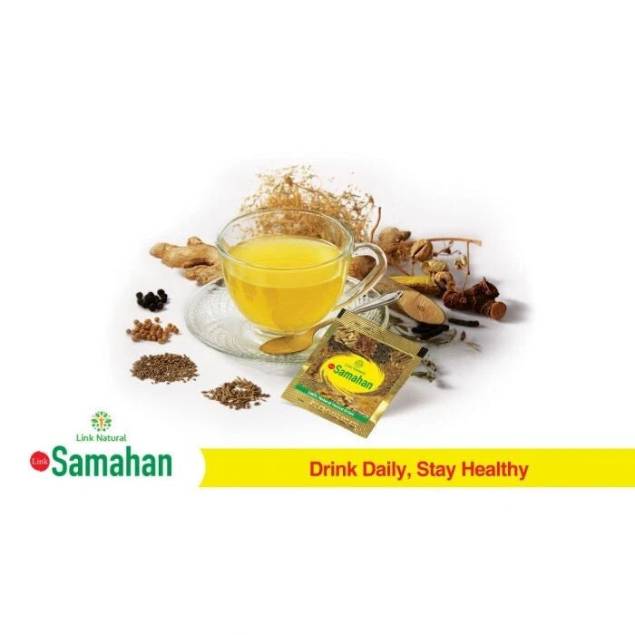 Tea cup with Samahan tea bag and herbs on a white background
