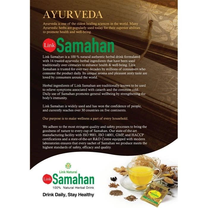 Advertisement for Link Samahan Ayurvedic herbal drink with text and product imagery.