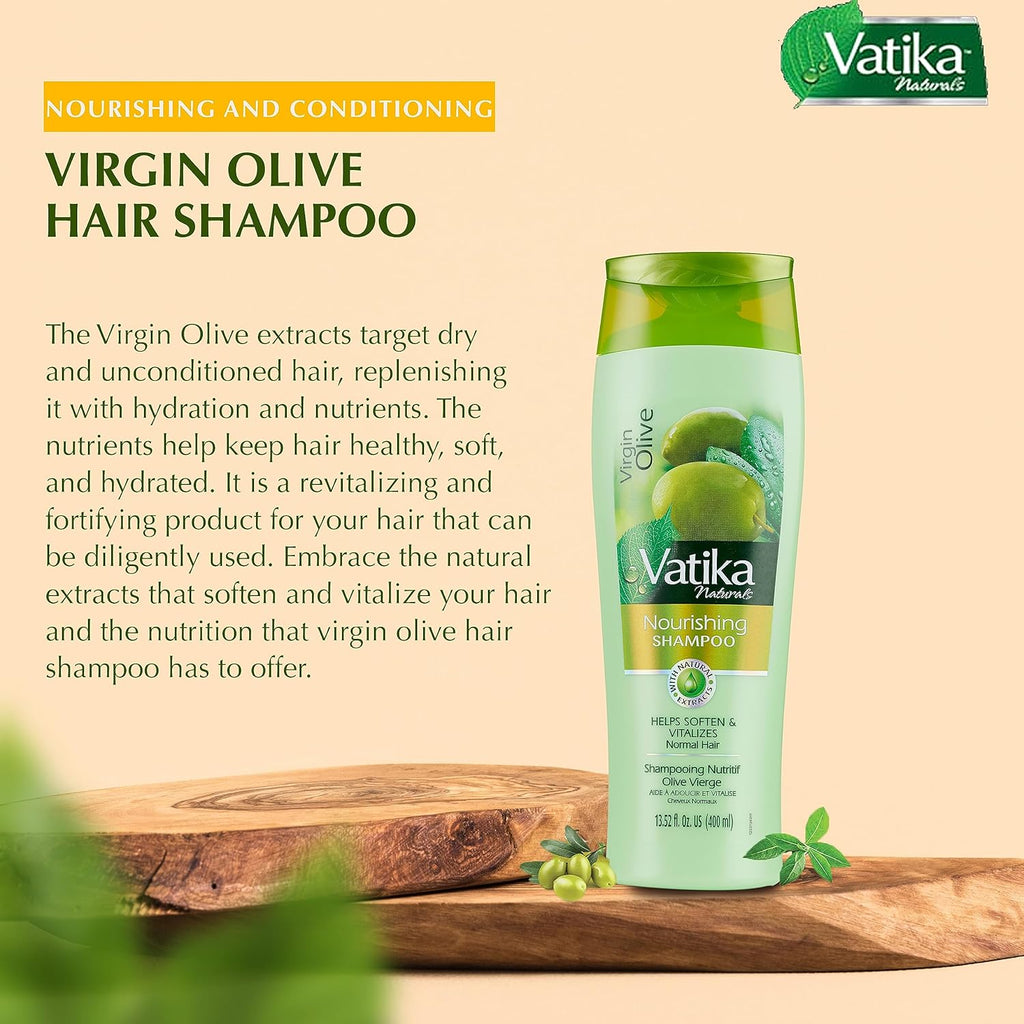 Vatika Virgin Olive Hair Shampoo bottle on a wooden surface with text about its benefits.