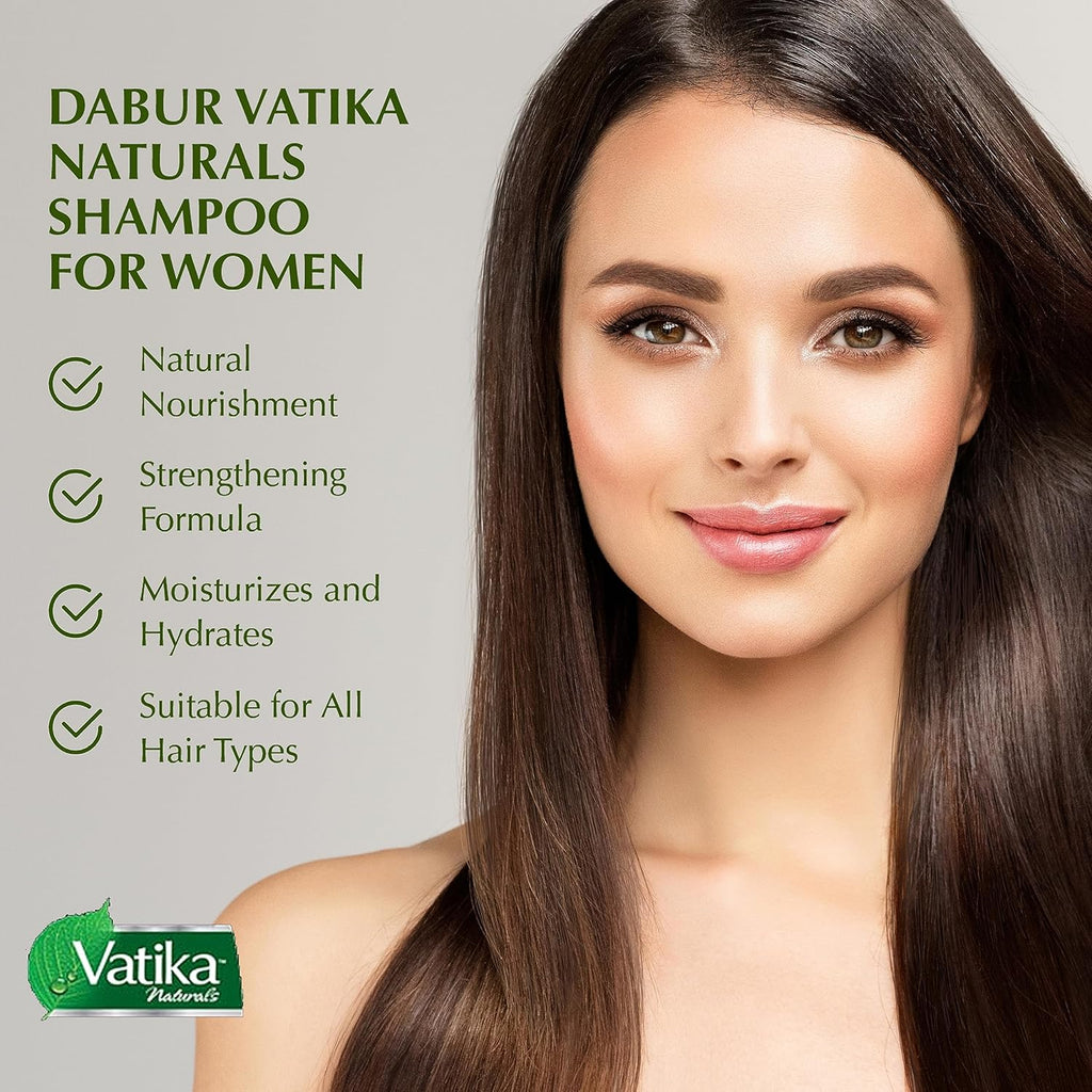 Woman with long brown hair and Dabur Vatika Naturals shampoo advertisement.