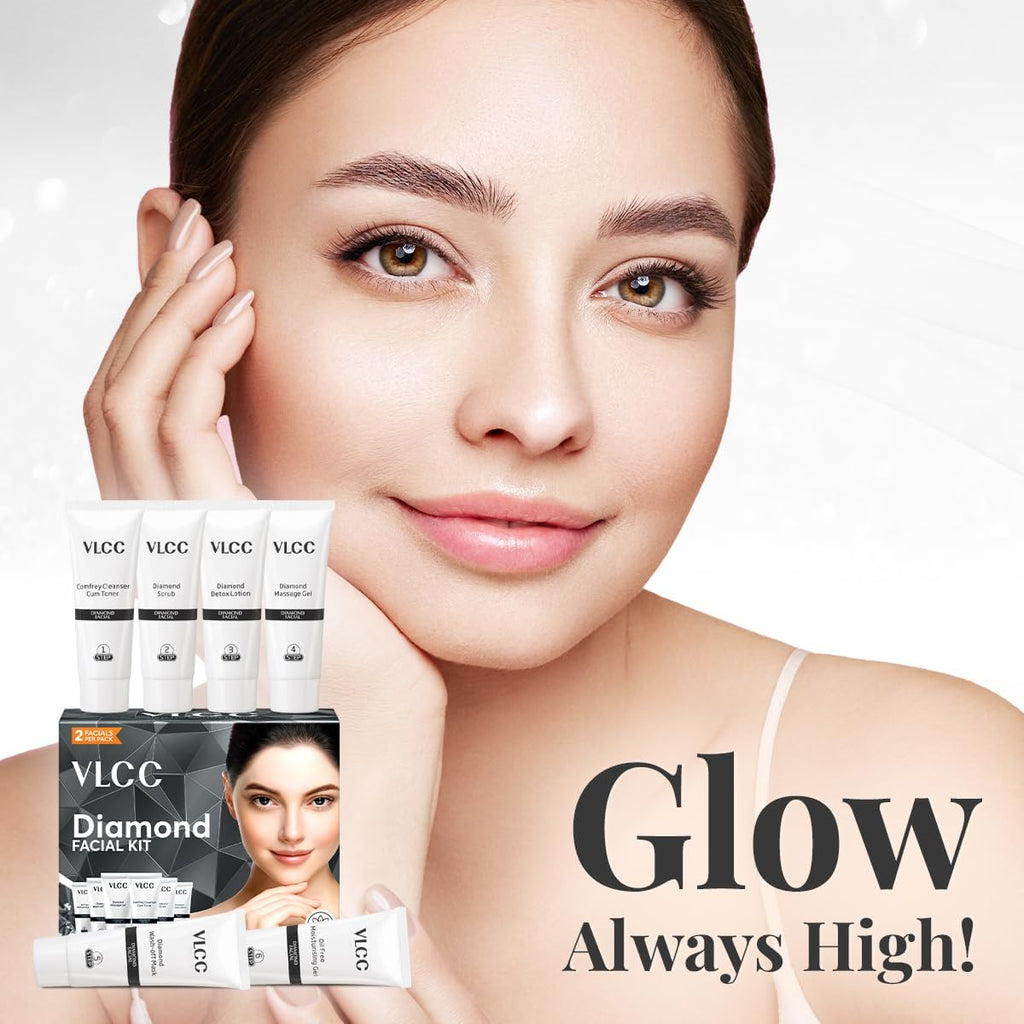 Woman with glowing skin holding VLCC Diamond Facial Kit with text 'Glow Always High!'.